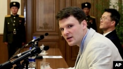 FILE - Otto Warmbier speaks as he is presented to reporters in Pyongyang, North Korea, Feb. 29, 2016. The American college student, released by North Korea in a coma after almost a year and a half in captivity, died June 19, 2017.