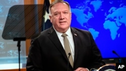 美國國務卿蓬佩奧在國務院的新聞發布會上。 (2020年9月3日)