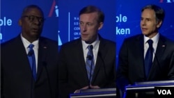 美國國防部長奧斯汀（左）、國家安全部問沙利文（中）和美國國務卿布林肯（右）2021年7月13日在華盛頓出席全球技術峰會