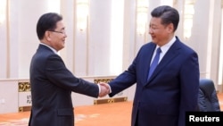中国国家主席习近平（右）在北京人大会堂会见到访的韩国国家安保室长郑义溶（左）率领的韩国代表团。（2018年3月12日）
