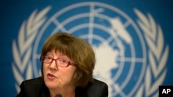 2014年2月5日，联合国儿童权利委员会主席基尔斯滕•桑德伯格在联合国日内瓦总部举行的记者会上讲话。