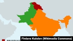 印度，巴基斯坦及有争议的克什米尔地理位置示意图