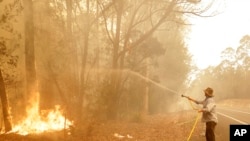 澳大利亞新南威爾士州莫魯亞鎮附近一名男子正在用水龍帶滅火（2020年1月4日）。