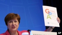 國際貨幣基金組織(imf)總裁喬治耶娃在華盛頓舉行的世界銀行/ IMF年度會議的新聞發布會上發表講話（2019年10月17日）。