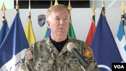 北約盟軍聯合作戰司令部司令、美國海軍歐洲-非洲戰區司令弗格海軍上將（James G. Foggo）2019年11月19日在科索沃發表講話。