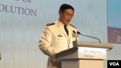 孙建国上将在香格里拉对话上发言(美国之音莉雅拍摄)