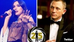 英國歌手杜娃黎波(左)錄製007占士邦影片錄音資料照。