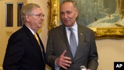 2016年4月13日，当时的国会参议院多数党领袖米奇·麦康奈尔和时任参议院少数党领袖的查克·舒默在国会大厦内交谈。