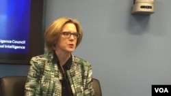 美國國家情報委員會戰略未來小組的主任弗萊博士在報告會上（2017年2月7日，美國之音莉雅拍攝）