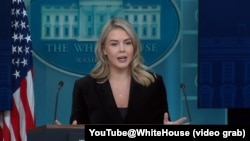 2025年11月20日，白宫新闻秘书莱维特在白宫例行记者会上讲话。