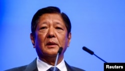 菲律賓總統費迪南德·小馬科斯(Ferdinand Marcos Jr.)2024年5月31日在新加坡「香格里拉安全對話」會上發表主題演講。 （路透社）