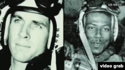 长津湖之战时任海军中尉飞行员的哈德纳（左）与他的僚机飞行员布朗少尉