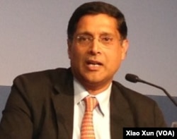 彼得森国际经济研究所经济学家阿文德•萨勃拉曼尼亚提出美中“大交易”论 (美国 之音萧洵摄)