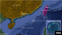 東沙島（Pratas Islands）在南海的地理位置示意圖（方塊處）。