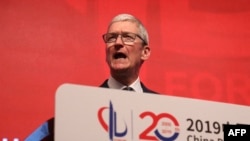 蘋果公司行政總裁庫克在北京舉行的中國發展高層論壇經濟峰會上講話。(2019年3月23日)