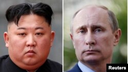 金正恩(左)據報星期三、四兩天在符拉迪沃斯托克（中國稱海參崴）會晤俄羅斯領導人普京(右)。