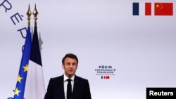 法國總統馬克龍（Emmanuel Macron）2023年4月5日抵達北京後發表演講。 （路透社）