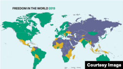 2019世界自由度報告顯示全世界有86個“自由“國家，59個“部分自由”國家、50個”非自由“國家（自由之家網站圖片）