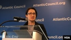 台灣立法委員蕭美琴2019年4月8日在美國大西洋理事會演講。（美國之音鍾辰芳拍攝）