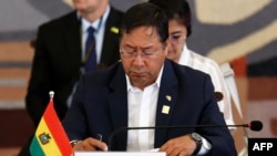 (FILES) Bolivia's President Luis Arce is shown during a meeting with fellow South American leaders at the Itamaraty palace in Brasilia on May 30, 2023. Bolivia on October 31, 2023, said it was severing diplomatic ties with Israel as a rebuke for its offensive in the Gaza Strip.