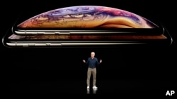 美國蘋果公司CEO庫克在2018年產品發布會上講話。 （2018年9月12日）