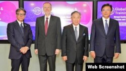 左起：日本台灣交流協會代理代表橫地晃、美國在台協會台北辦事處處長酈英傑、台灣外交部副部長田中光、台灣法務部政務次長蔡碧仲10月15日在台北舉行共同保護知識產權研討會。（圖片來源：台灣外交部推特）