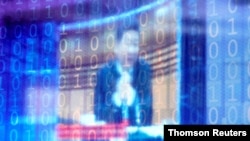 在溫州世界互聯網大會上，一個有數字式裝飾的屏幕顯示著中國領導人習近平。(2020年11月23日)