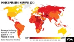 12月3日透明國際發佈2013年各國腐敗指數報告（顏色愈深腐敗愈嚴重）