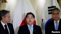 資料照片：2023年2月18日，美國國務卿安東尼·布林肯、日本外相林芳正和韓國外長樸振在慕尼黑舉行的慕尼黑安全會議上。 （路透社照片）