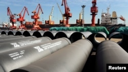 中國連雲港等待出口的鋼管(2018年5月31日資料照片)