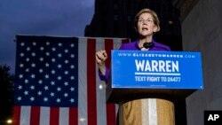 美國麻薩諸塞州聯邦參議員伊麗莎白•沃倫9月16日在紐約民主黨總統競選中對其支持者講話。