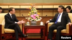 2018年1月8日法國總統馬克龍在中國北京釣魚台國賓館會見中國國家主席習近平。