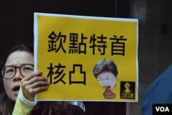 示威者高舉諷刺林鄭月娥的標語。（美國之音湯惠芸攝）