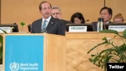 美國衛生與公眾服務部部長阿扎爾2019年5月20日在第72屆世界衛生大會上發表講話(美國衛生與公眾服務部推特)