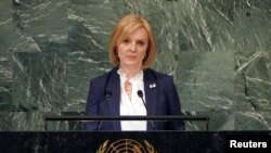 英国新首相特拉斯(Liz Truss)在联合国发表讲话。（路透社资料图）