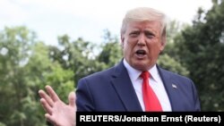  美國總統特朗普離開白宮前往佛羅里達州奧蘭多開啟競選活動前，接受記者採訪。(2019年6月18日)。 