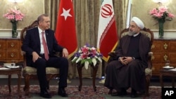 2015年4月7日伊朗总统哈桑·鲁哈尼(右)和土耳其外长埃尔多安会谈