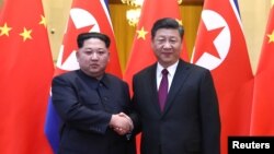 中國國家主席習近平和北韓領導人金正恩在北京人民大會堂握手（2018年3月28日發布的照片）