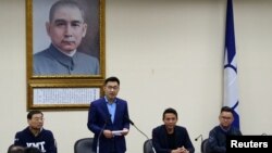 新當選的國民黨黨主席江啟臣在記者會講話。（2020年3月7日）