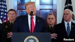 徹底總統在白宮就伊朗1月8日導彈襲擊美國駐伊拉克部隊一事發表講話。（路透社）