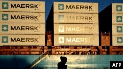 資料照片：丹麥馬士基航運公司在哥本哈根的貨櫃貨船。 (2023年9月14日）