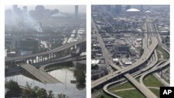 卡特里娜颶風在十年前的破壞(圖左)與十年後(圖右)的恢復對比