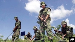 資料照片：南韓軍人在首爾以北的漣川搜尋可能被暴雨從朝鮮半島分隔南北方的非軍事區沖刷到稻田的地雷。 (2002年8月8日)