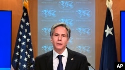 美國國務卿布林肯3月30日在國務院對記者發表講話。