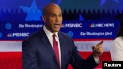 FILE - Democratic presidential candidate Senator Cory Booker speaks during the fifth 2020 campaign debate at the Tyler Perry Studios in Atlanta, Georgia, Nov. 20, 2019. 
