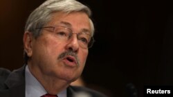 愛奧華州州長特里·布蘭斯塔德在星期二（5月2日）的參議院外交委員會確認聽證會上發言。