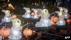 江苏省杭州西湖上迎接新春的兔子灯。（2023年1月11日）