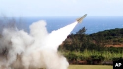 资料照片：一枚“霍克”(HAWK)地对空导弹在台湾九鹏军事基地试射。(2011年1月18日)