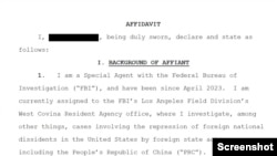 联邦调查局特工2025年4月向法庭递交的宣誓书，涉及两名外国人被控打压在美国境内的异议人士并向中国走私美国军事技术的案件。(视频截图)