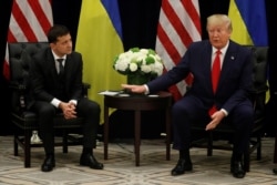 FILE - President Donald Trump speaks during a bilateral meeting with Ukraine's President Volodymyr Zelenskiy on the sidelines of the 74th session of the U.N. General Assembly in New York, Sept. 25, 2019.